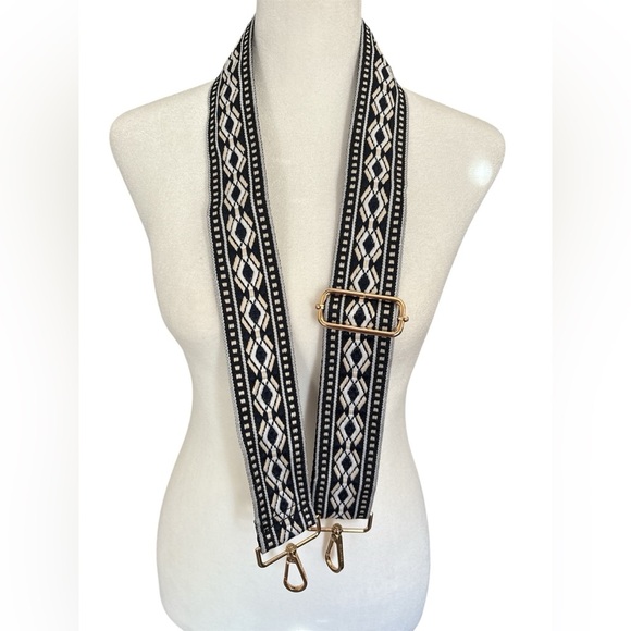 Crossbody Bag Strap Double Diamond Woven Navy & White reversed Patterned - Picture 2 of 5